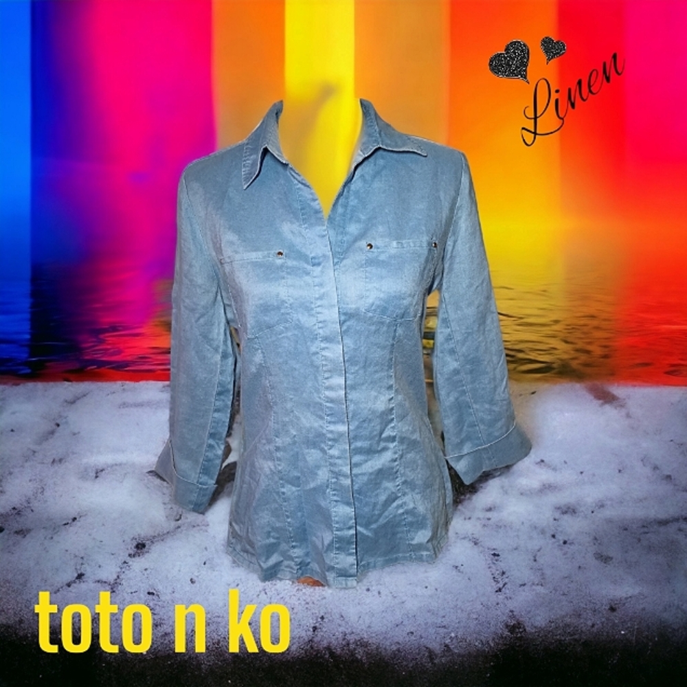Toto n ko ¾ sleeve blue linen button-down fitted blouse size 4 (14½" neck)